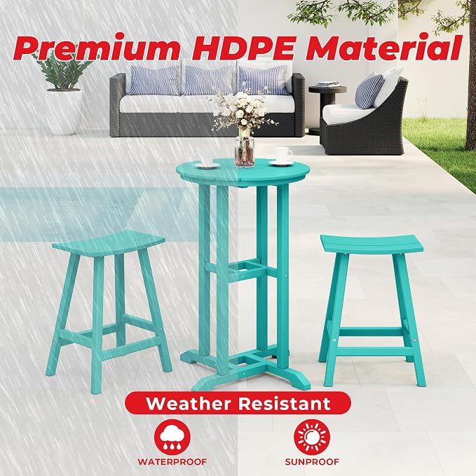 Costaelm Outdoor Bar Table, 37" Counter Height Round Patio Cocktail Bar Table, Patio Bar Table 3-Pieces Set Bistro Dining Table Pub Table for Deck, Backyard, Garden, Turquoise