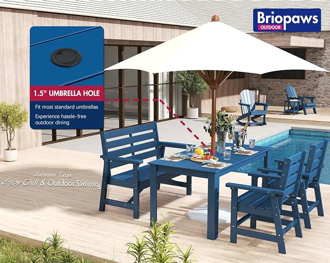 BRIOPAWS Outdoor-Dining-Table-Set | 6 Piece | HDPE | 1 Bench and 4 Chairs Sets for 6 | Patio Dinner Furniture | All Weather | Umbrella Hole | for Poolside Deck Backyard Outdoors | Blue