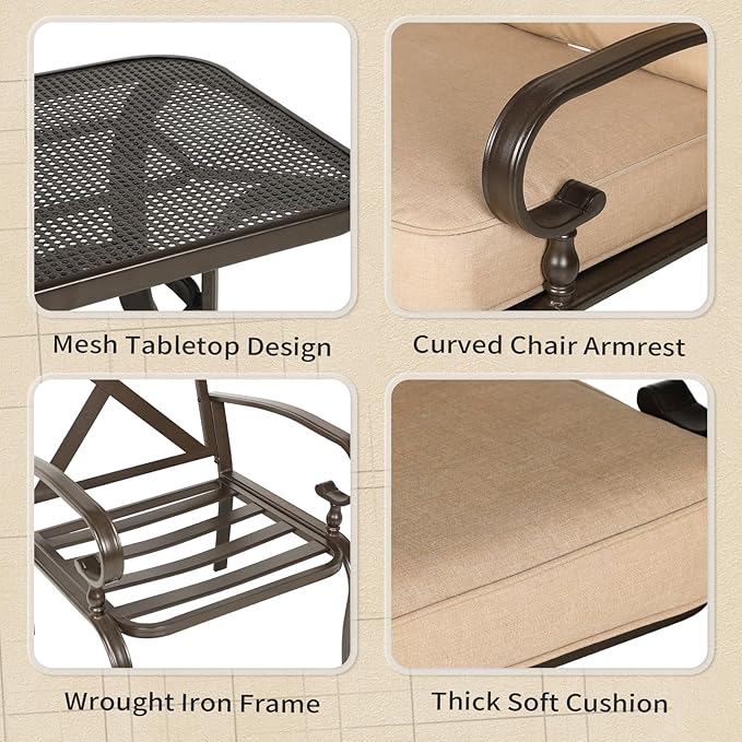 4-Piece Outdoor Metal Furniture Sets Patio Conversation Set Wrought Iron Loveseat, 2 Single Chairs, Coffee Table with Cushion, Lawn Front Porch Garden, Brown
