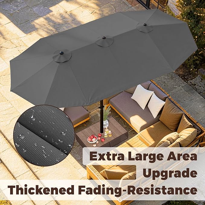 GDPFN 15FT Large Patio Umbrella, Outdoor Deck Standing Umbrella with Crank Handle, Double-Side Rectangular Pool Umbrella for Outside, Market, Patio, Dark Gray (Base Not Include)