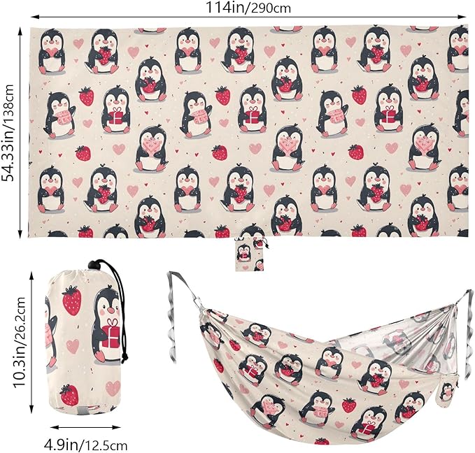 Camping Hammock Outdoor Hammocks for Outside Cute Penguin Strawberry Beach Trees Portable Lightweight with Pockets Tree Straps Indoor Small