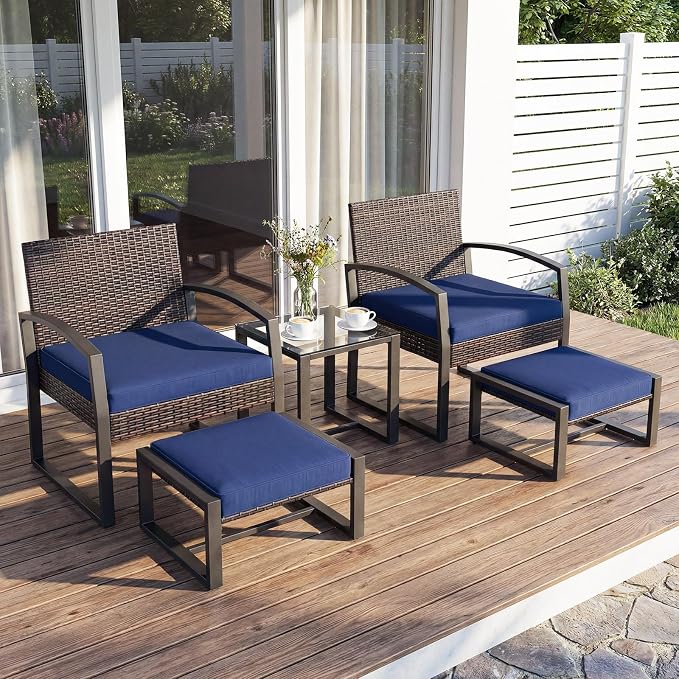 Tangkula 5 Pieces Wicker Patio Conversation Set, Outdoor PE Rattan Chair with Ottoman Set with Glass Side Table, 2-Person Small Balcony Furniture Seating Set with Cushions for Porch, Backyard, Deck