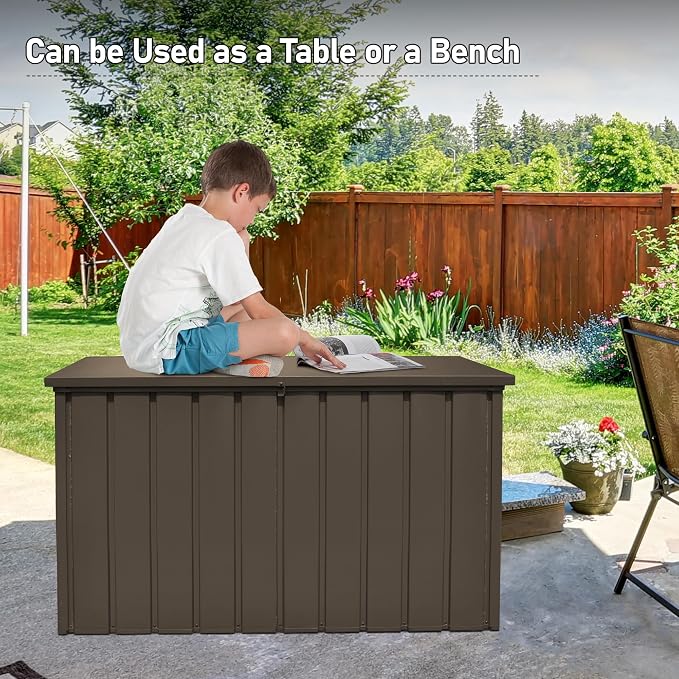Domi Deck Box Outdoor Storage Box 200 Gallon, Lockable Storage Cabinet Deck Box Outdoor Waterproof, Large Metal Storage Bin for Patio Furniture Cushions Garden Tools Pool-Supplies, Brown