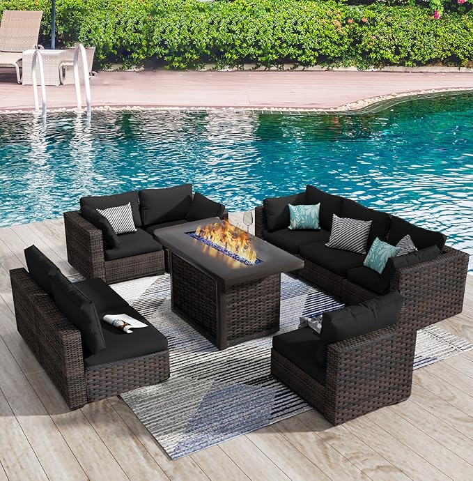 Grezone 9 Piece Patio Furniture Set with 44" Fire Pit Table, Outdoor Sectional Couch, PE Rattan Patio Conversation Sets with 4inch Cushions for Backyard Black