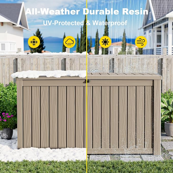 230 Gallon Outdoor Deck Box, Resin Waterproof Storage Box With Lockable Lid, UV-Resistant Multi-Purpose Outdoor Storage Bench for Patio Cushions, Garden Tools, Pool Accessories (Grey)