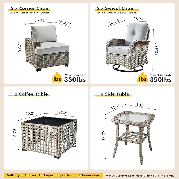 6 Pcs Outdoor Sectional Patio Furniture Set with Swivel Rocking Chair - All Weather Wicker Outside Sectional Couch,Patio Seating Outdoor Conversation Sets for Deck Yard,Grey