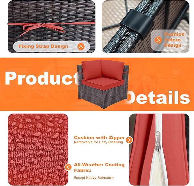 Patio Furniture Set with Fire Pit Table 13-Pieces Outdoor Sectional Furniture Outdoor Rattan Patio Conversation Sets with 43in Propane Gas Fire Pit Table and Glass Table, Red
