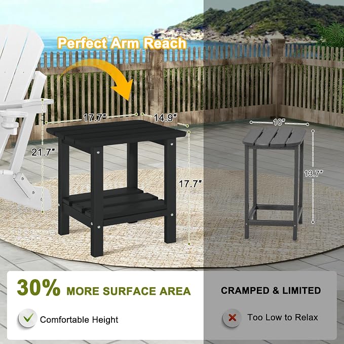 Adirondack Outdoor Side Table, 2-Tier Small Patio End Table, Weather Resistant HDPE Outdoor End Tables for Garden, Lawn, Pool, Beach, Porch, Deck, Backyard - Square, Black