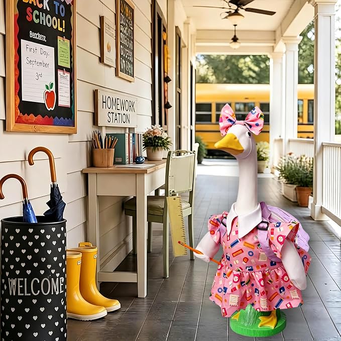 Back to School Porch Goose Outfit for 23" Plastic Statue, Lawn Porch Goose Clothes with Schoolbag and Pencil for School Classroom Outdoor Garden Yard Patio Statue Art Decor