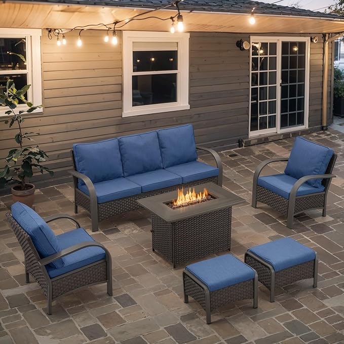 Belord 6 Pieces Patio Furniture Set with Fire Pit Table - 50000 BTU Propane Fire Pit, 2 Single Leisure Chairs, High Back Wicker Rattan Couch, Outdoor Conversation Set for Casual Gathering