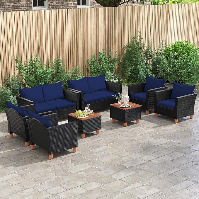 Tangkula 8 Piece Outdoor Conversation Set, Patio Cushioned Chairs w/Storage Coffee Table, Acacia Wood Tabletop & Chair Legs, Patio Wicker Furniture Set for Poolside, Lawn, Porch (2, Navy)