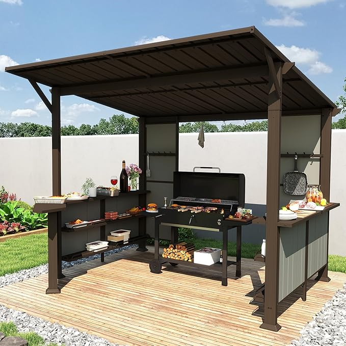 Domi 9x10FT Grill Gazebo Hardtop, BBQ Gazebo for Outdoor Grill with Storage Shelves and Expansion Platform, Metal Permanent Lean-to Canopy for Patio Backyard Lawn, Brown
