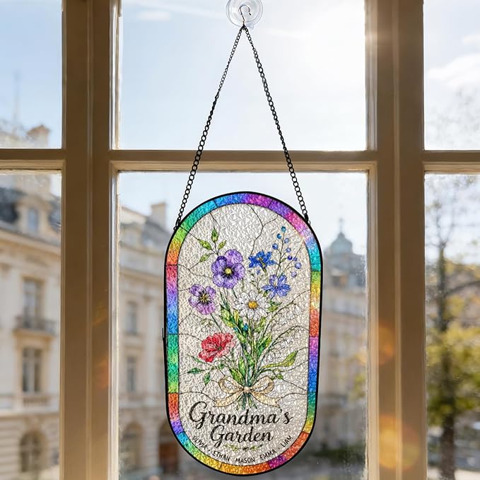 Personalized Mother’s Day Suncatcher Oval – Custom Birth Flower Suncatcher for Mom Grandma – Stained Glass Style Personalized Gift with Kids Names for Mom Nana Grandma
