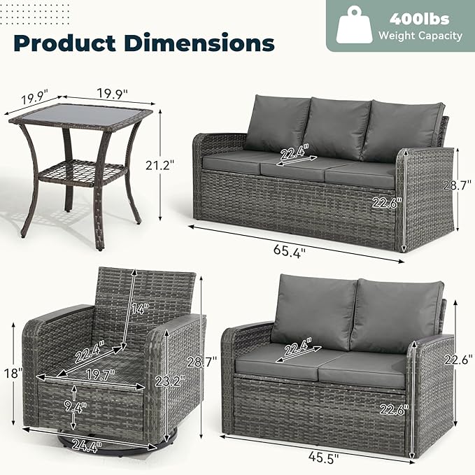 6 Pieces Patio Furniture Sets with Swivel Chairs, Outdoor Furniture Set for Porch Deck Bistro Lawn Garden Backyard Poolsid- Grey Rattan/Grey