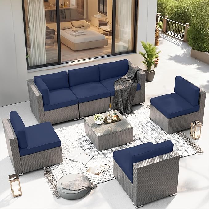 SUNCROWN Outdoor Patio Furniture Set 7 Piece Outdoor Sectional Sofa Grey Wicker Conversation Sofa Set with Coffee Table and Cushions,Dark Blue