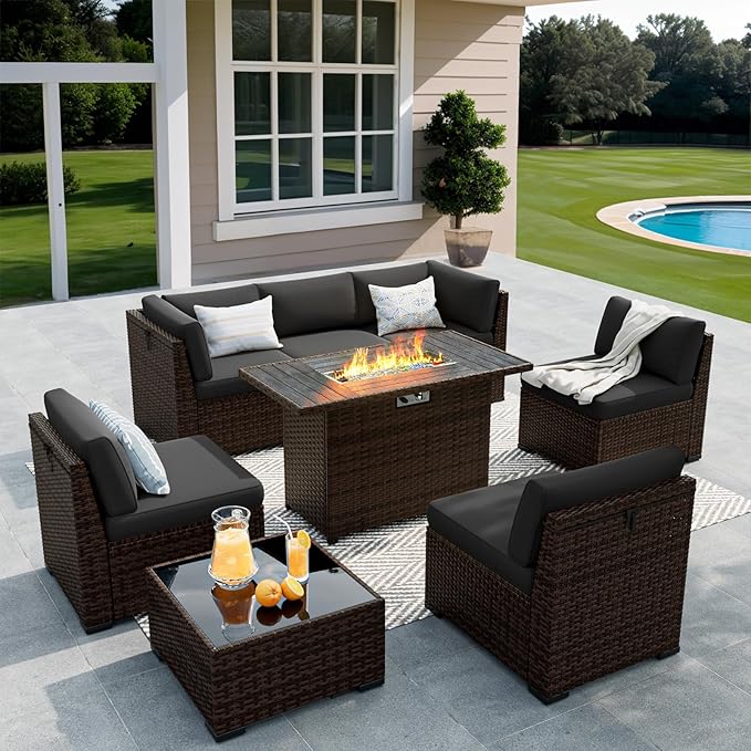 8 Pieces Outdoor Patio Furniture Set with 44" Fire Pit Table Rattan Sectional Conversation Sets w/Gas Fire Pit, Coffee Table, 1 Waterproof Covers, Dark Grey