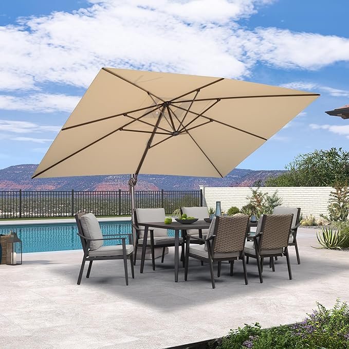 PURPLE LEAF 10' X 13' Patio Cantilever Umbrella Rectangle Umbrella Outdoor with Aluminum Offset Antique Bronze Hanging and 360° Rotation for Pool Garden Deck Patio, Beige