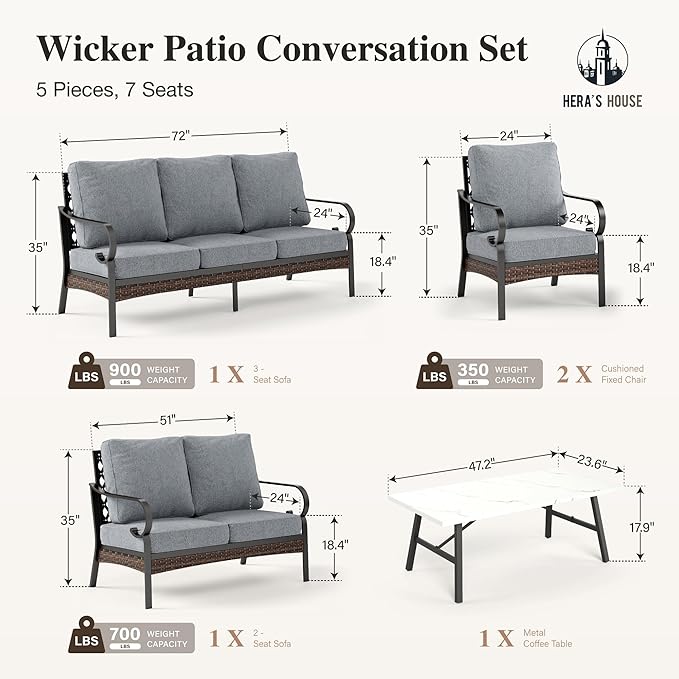 HERA'S HOUSE 5 Piece Metal Patio Furniture Set, 7 Seats All Weather Outdoor Conversation Set, 3 Seat Sofa with Loveseat, 2 Fixed Chairs, Coffee Table for Backyard, Garden, Deck, Grey