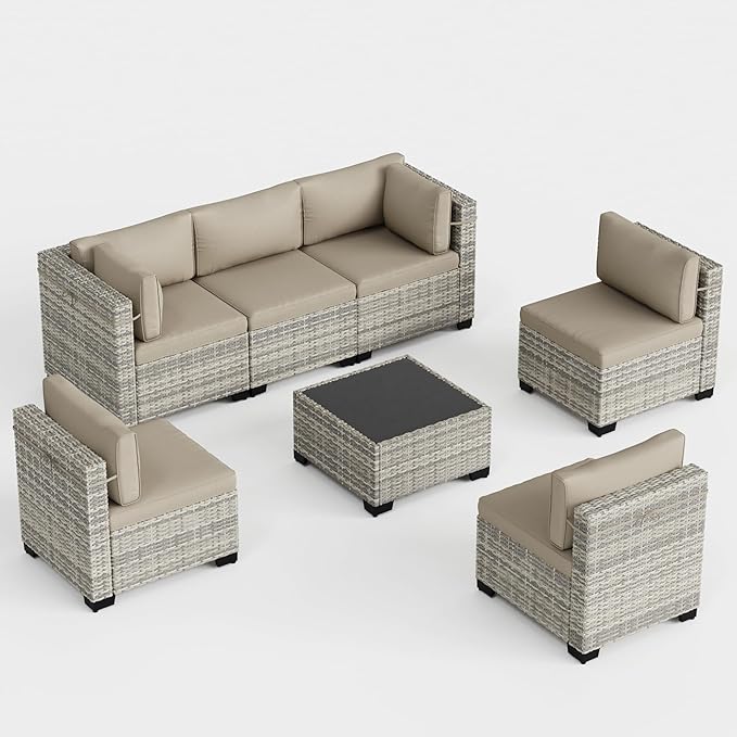 7-Piece Outdoor Patio Furniture Set, PE Wicker Rattan Sectional Sofa Conversation Set with Tempered Glass Table & Thick Cushions - All-Weather Garden, Backyard Furniture, Beige