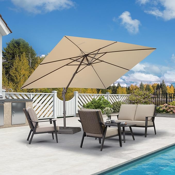 PURPLE LEAF 9' X 11.5' Rectangle Cantilever Umbrella Patio Umbrella Outdoor Aluminum Offset Antique Bronze Hanging Umbrella with 360-degree Rotation for Pool Garden Backyard Deck, Beige