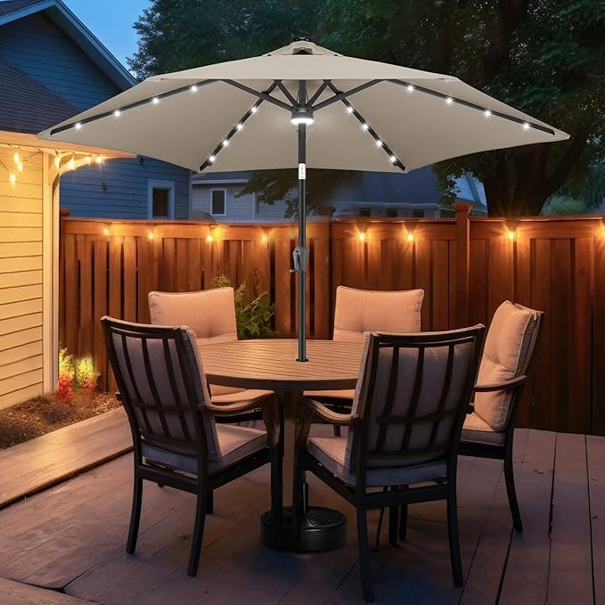FLAME&SHADE 10ft Solar Outdoor Umbrella - 24 LED Lighted Patio Umbrella with Centre Surround Light, Table Umbrellas with Tilt & Crank for Pool, Porch, Garden, Deck, Backyard UV Protection (Taupe)