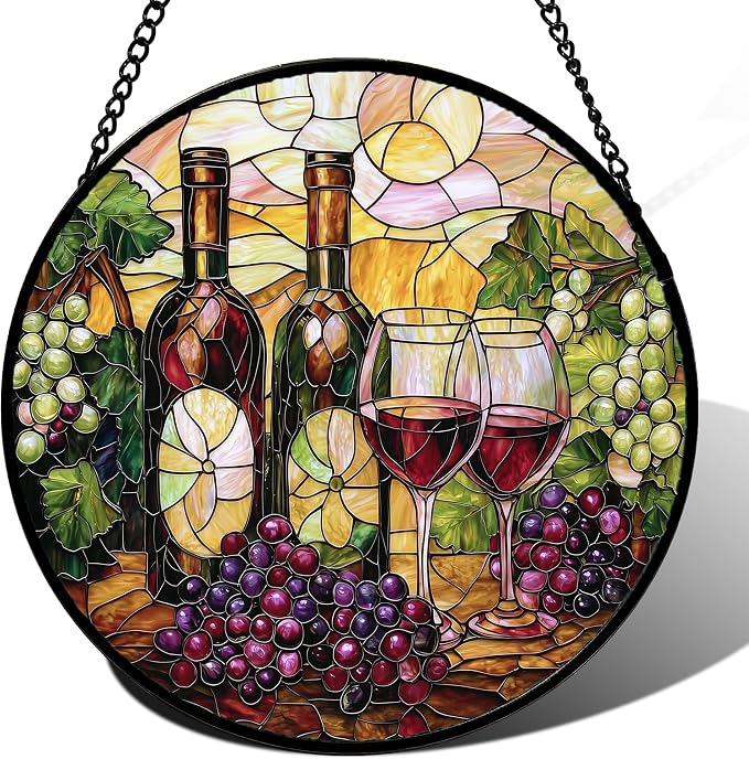 DASTOLL Stained Glass Window Hanging, Grapes and Wine Suncatcher Diamond Glass Panel Hangings Sun Catchers Decor for Birthday for Women, Men, Wife, Aunt, and Mom 14.9x14.9 in