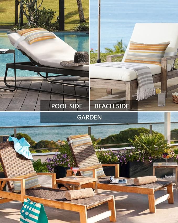 Outdoor Pillows Covers with Inserts Northern Europe Yellow Vintage Stripes Waterproof Recliner Pillow with Adjustable Strap Throw Pillows for Patio Furniture Pool Lounge Chair, 11x16 inch, 1PCS