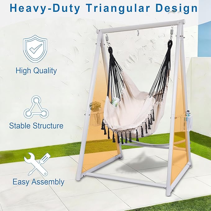 Hammock Chair with Stand Hanging Rope Swing Chair, Heavy-Duty Steel Max 350 LBS Capacity for Indoor Outdoor Patio Garden Balcony (White)