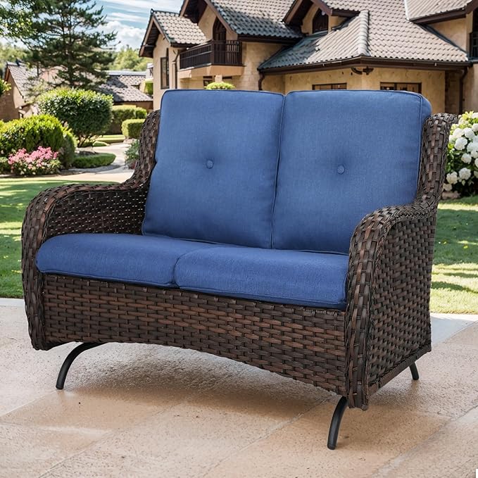 Patio Loveseat Wicker Loveseat Rattan Glider Sofa with Curved Armrest Thicking Back & Seat Cushions for Garden Balcony Backyard Brown Wicker|Blue Cushions (A) Patio Loveseat Glider