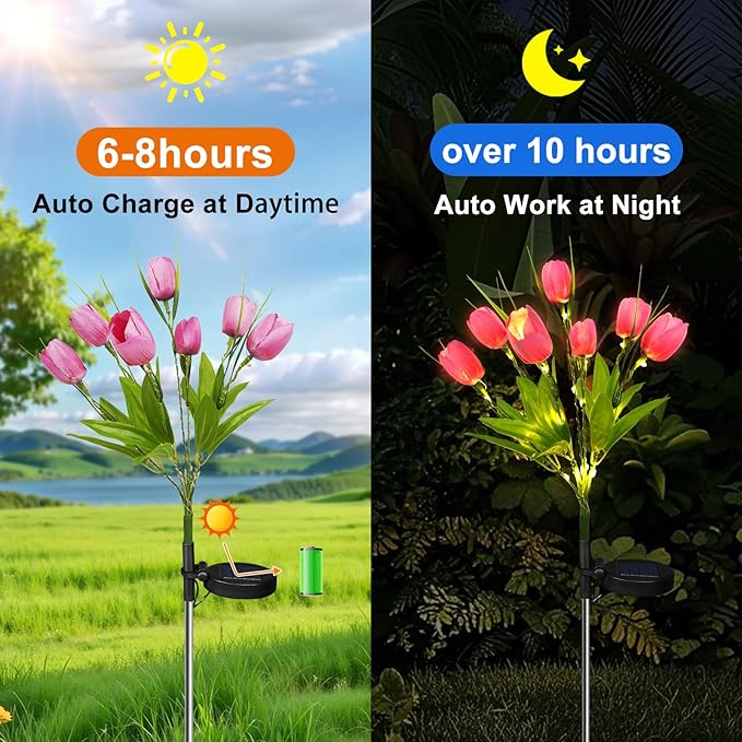 Aolyty Solar Garden Lights Outdoor, Solar Tulip Lights 2 Pack with 14 Tulip Flowers, IP65 Waterproof LED Stake Light for Pathway Patio Yard Landscape Decorative (Pink)