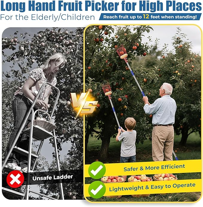 75" Fruit Picker Pole Tool for Long Reach, No Ladder Required, Portable Splicing Tool for Seniors,Kids,Year-Round Use– Effortless Harvesting for Apples, Avocados,Oranges,Grapefruit,Mangoes,Plums,Pear