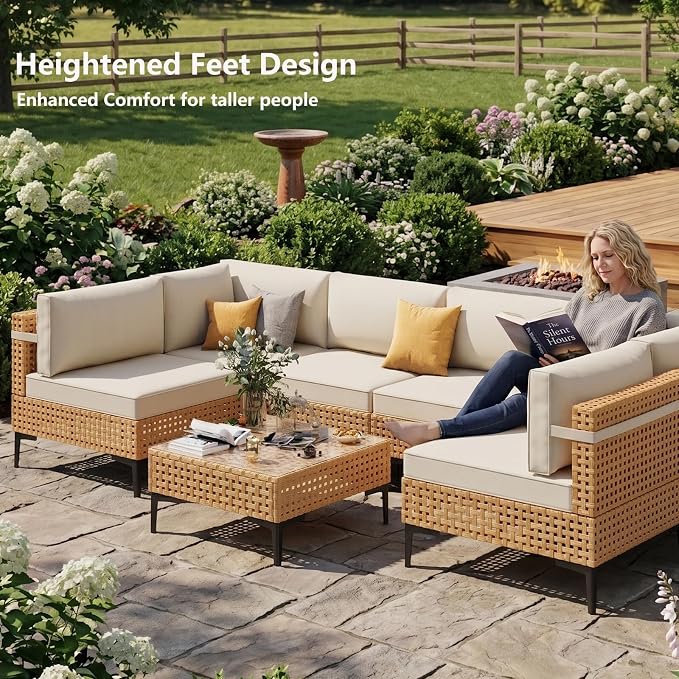 ABCASA Patio Sectional Furniture with Non-Slip Cushions, 110" Large 7-Piece Wicker Outdoor Patio Furniture Sets with Coffee Table,Boho Patio Conversation Set Sectional Sofa for Backyard,Porch,Beige