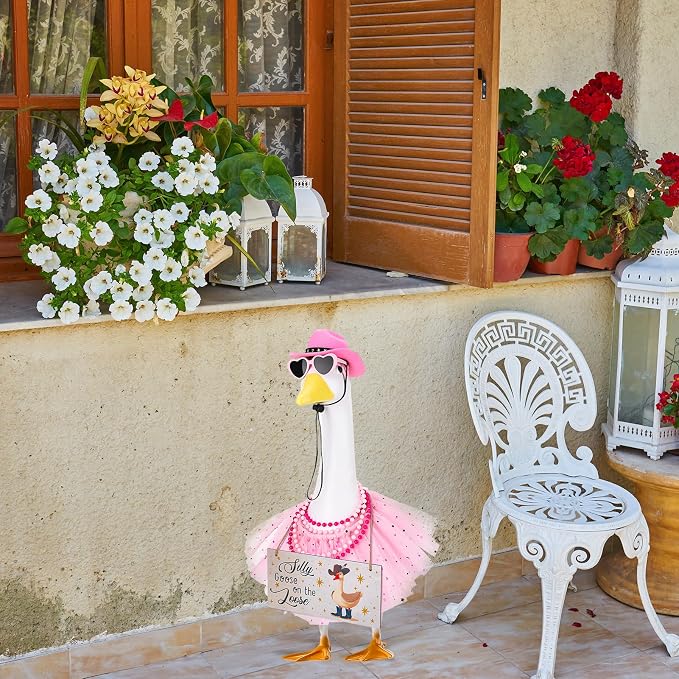 6pcs Pink Princess Porch Goose Outfits for 17-23 Inches Lawn Goose | Tutu Skirt Cowboy Hat Glasses Necklaces Wooden Sign for Outdoor Garden Lawn Art Decor