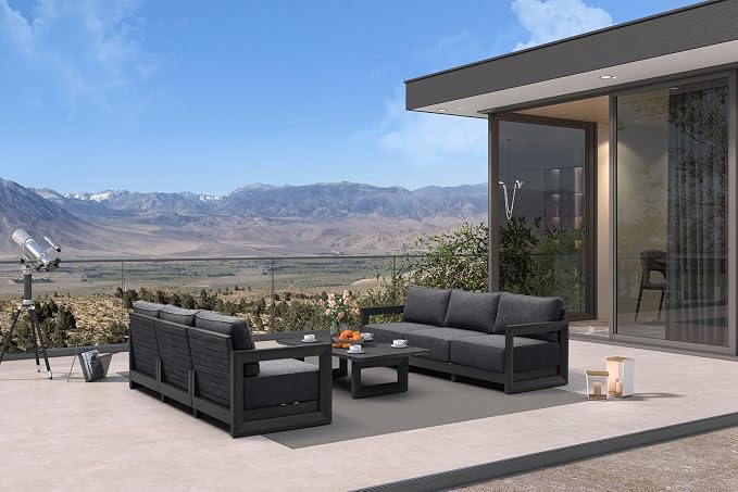 PURPLE LEAF Patio Furniture Set Open-End Outdoor Couch with 9.6" Thick Cushion and Soft Pillows 7 Piece Outdoor Sectional Sofas with Table Modern Outdoor Conversation Sets for Yard Porch Deck, Grey