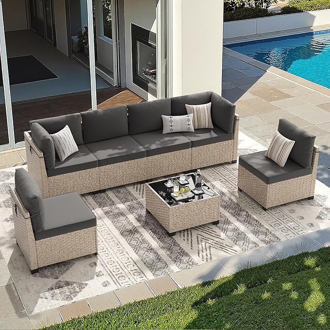 Soohow 7-Piece Patio Furniture Set, Outdoor Sectional All-Weather Wicker Patio Conversation Set for Garden, Porch, Backyard - Grey Cushions
