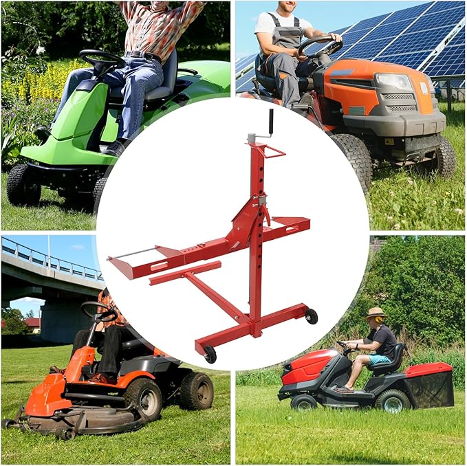 Riding Lawn Mower Lift, Lawn Mower Lift Jack 750 lbs Lifting Capacity Lawn Mower Lift Tool Lawn Mower Lift Adjustable Wheel Span for Mower Maintenance and Repair, Red