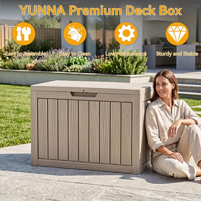 50 Gallon Deck Box for Outdoor and Indoor Use, Outdoor Storage Box for Picnic Supplies, Gardening Tools Waterproof, Lockable and Easy to Install Grey