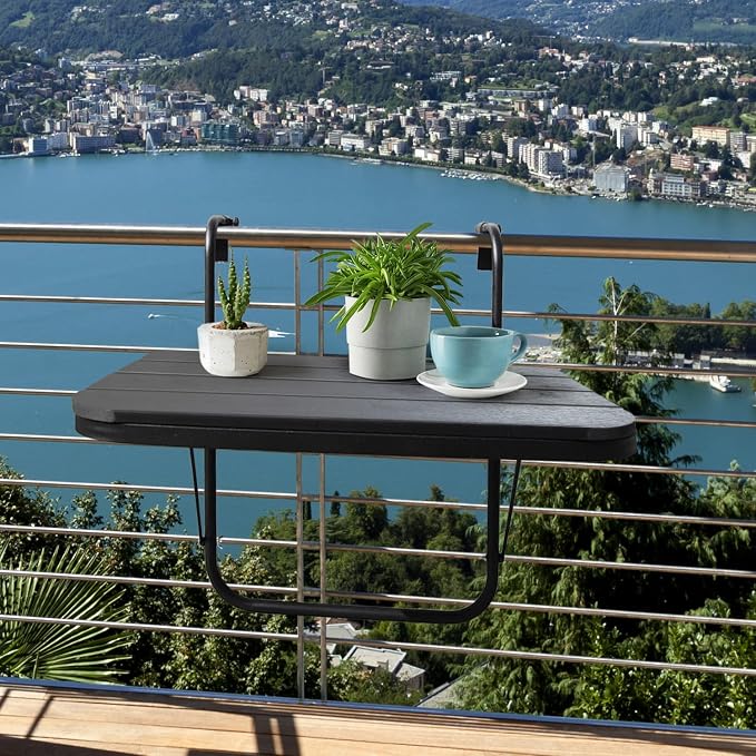 Balcony Table Hanging Deck Railing Table Outdoor Balcony Bar Tables for Railings Aluminium Folding Adjustable for Patio Deck Garden Baluster Windows 23.6" x 15.7", All Weather Space Saving Black