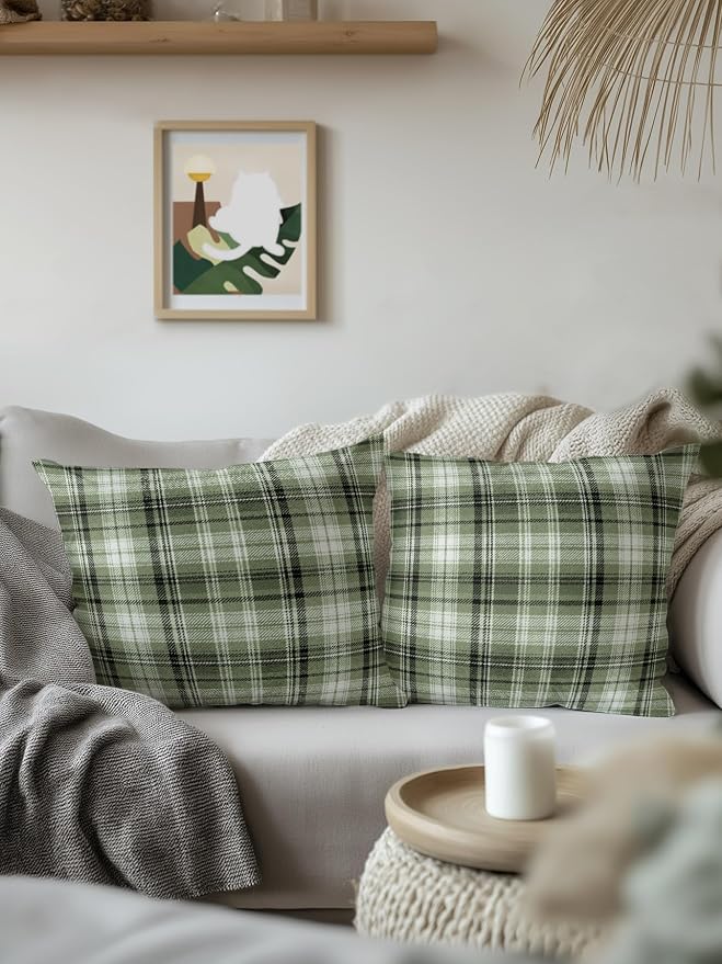 Waterproof Outdoor Pillow Set of 2 Green Checked Plaid Decorative Throw Pillows Cover & Insert 16x16 Inch Pillowcase Stripes Woven Grid Square Pillows for Couch Sofa Bed Patio Furniture Indoor Outdoor