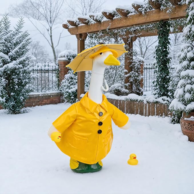 Yellow Raincoat Goose Outfits Porch Goose Waterproof Clothes with Umbrella Hat Rubber Duckie Fits 23" Geese Statue for Spring Summer Garden Lawn Patio Yard Outdoor Decor (Rubber Duckie)