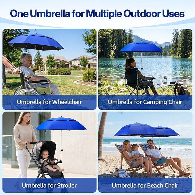 2 Pack 42 Inch Double Canopy Beach Chair Umbrella with Clamp, UPF50+ Clip on Beach Umbrella with 360° Swiwel Arm & Adjustable Clip, Portable Sun Shade for Wheelchair, Stroller, Camping