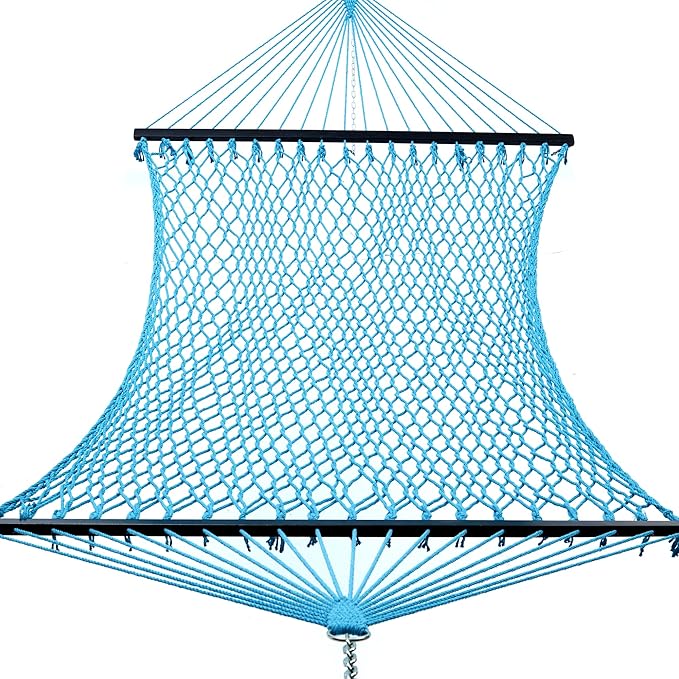 12ft Family Hammocks, Handwoven Traditional Cotton Rope Hammock with Hardwood Spreader Bar, Chains and Hooks for Indoor Outdoor, Max 450 lbs Capacity(Lake Aqua, Large)