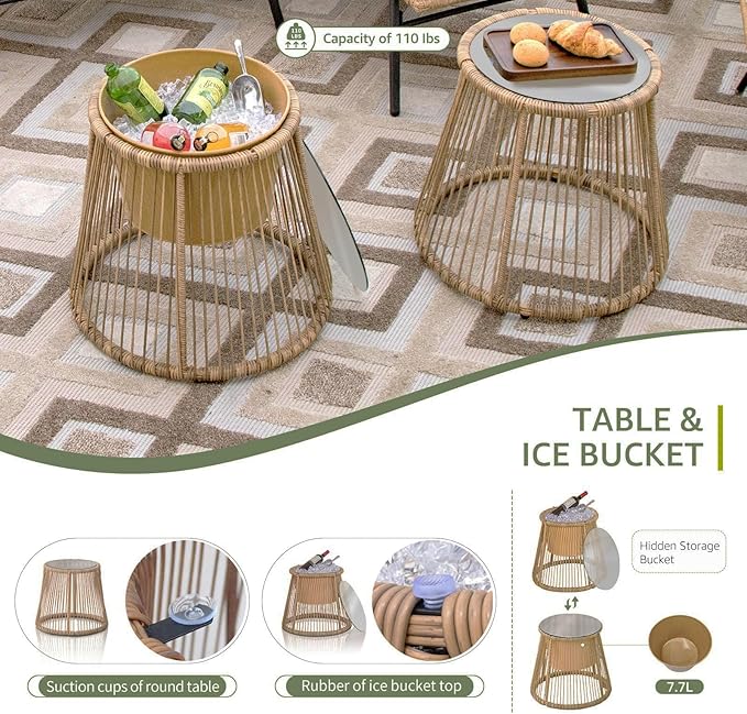 BULEXYARD 3 Pcs Boho Outdoor Patio Furniture Sets, L Shaped Natural Color Wicker Conversation Sectional Sofa w/Cozy Beige Cushion & Ice Bucket for Backyard, Porch, Deck, Garden, Balcony