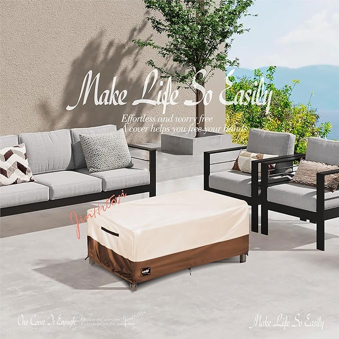 JinHrtoyi Patio Coffee Table Cover,42Wx26Dx16H Inches 100% Waterproof Heavy Duty Outdoor Rectangular Side Table Cover,Beige&Brown Modern Style Outdoor Furniture Covers