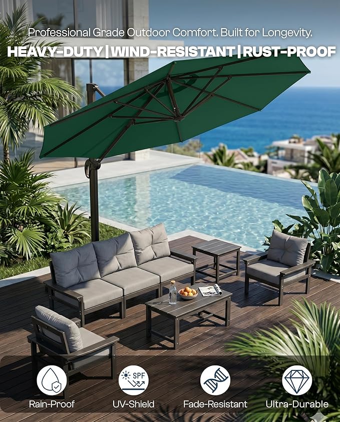 11 FT Round Cantilever Umbrella,Easy Tilt, Fade Resistant & 360° Rotation, Offset for Pool Deck Backyard Patiodark green (Base not Included)