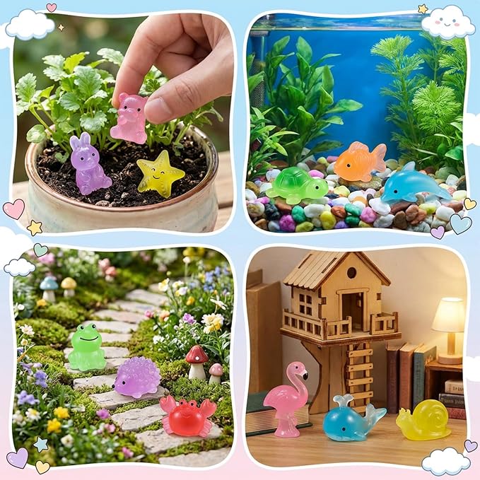 200 Pcs Mini Resin Animals Blind Bags, Glow in The Dark & Glitter Mystery Animals, Individually Wrapped Tiny Luminous Miniatures for Fairy Garden, Micro Landscape, DIY Crafts
