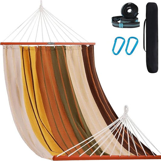 Lazy Daze Hammocks Cotton Fabric Double Hammock with 55" Spreader Bar, Portable Camping Hammock with Carrying Bag & Tree Straps for Patio, Backyard, Balcony, 450lbs Capacity, Brown & Khaki