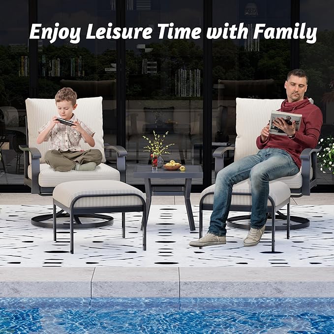HOMREST Outdoor Swivel Rocker Patio Chairs with Ottomans and Coffee Table 5 PCS Bistro Set, 360 Degree Swivel Rocking Chair Patio Conversation Set with Thickened Cushions for Garden, Deck and Poolside