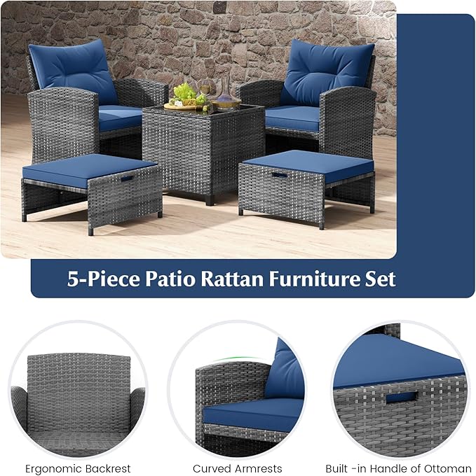 Tangkula 5 Pieces Patio Conversation Set, PE Wicker Rattan Outdoor Furniture Set with 2 Chairs, 2 Ottomans & Tempered Glass Coffee Table, Ideal for Poolside, Backyard, Lawn, Deck, Mix Grey & Navy