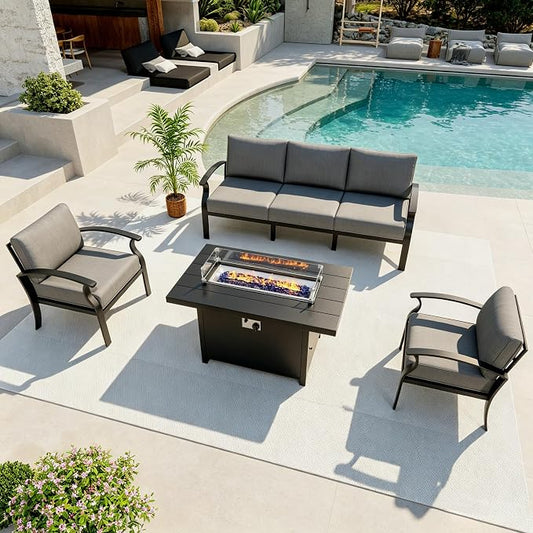 Aluminum Outdoor Patio Furniture Set,4 Pieces 5 Seats Patio Conversation Sets with 45" Propane Fire Pit Table,Metal Patio Sectional Furniture Set with Thick Cushion,Grey